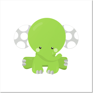 Cute Elephant, Little Elephant, Green Elephant Posters and Art